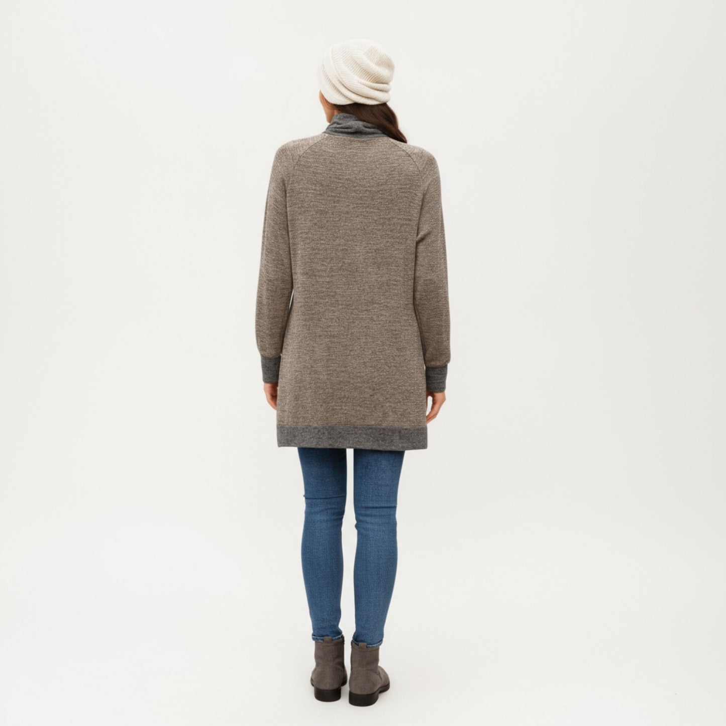 Long Sleeve Cowl Neck Top with Contrast Cuffs and Hem