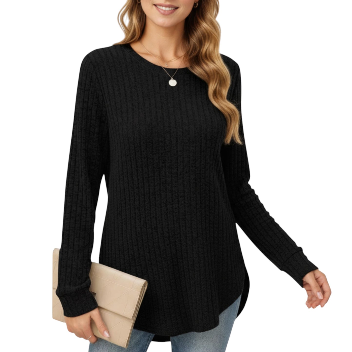 Long Sleeve Ribbed Knit Top with Rounded Hem and Relaxed Fit