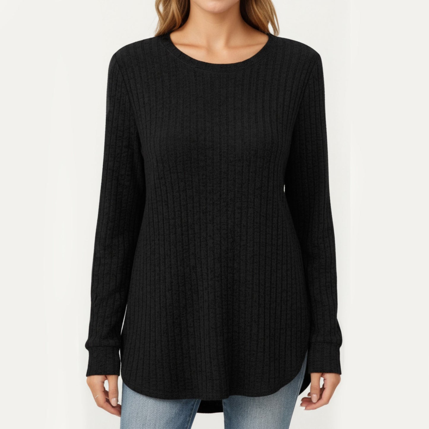 Long Sleeve Ribbed Knit Top with Rounded Hem and Relaxed Fit