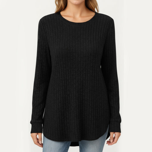 Long Sleeve Ribbed Knit Top with Rounded Hem and Relaxed Fit