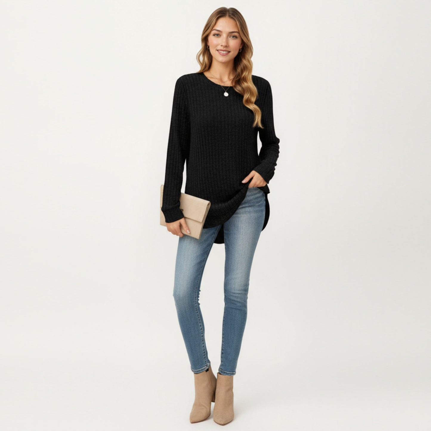 Long Sleeve Ribbed Knit Top with Rounded Hem and Relaxed Fit