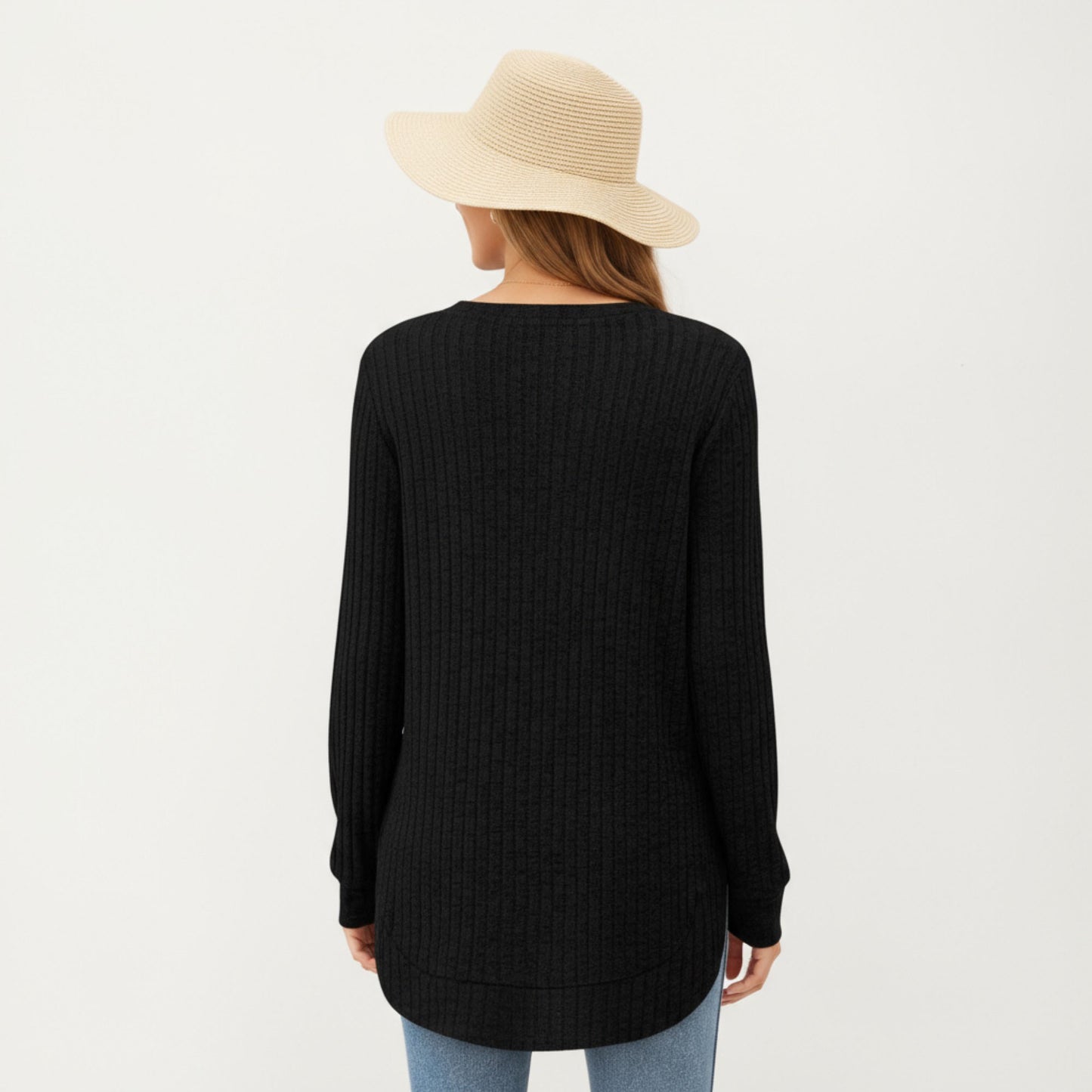 Long Sleeve Ribbed Knit Top with Rounded Hem and Relaxed Fit