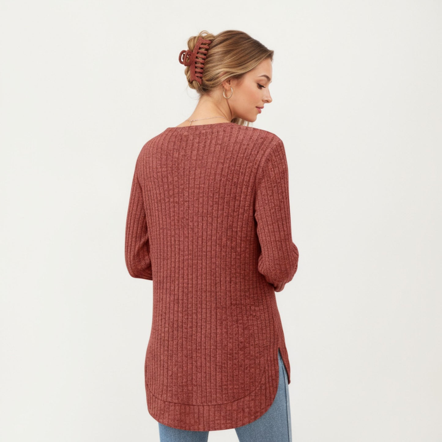 Long Sleeve Ribbed Knit Top with Rounded Hem and Relaxed Fit