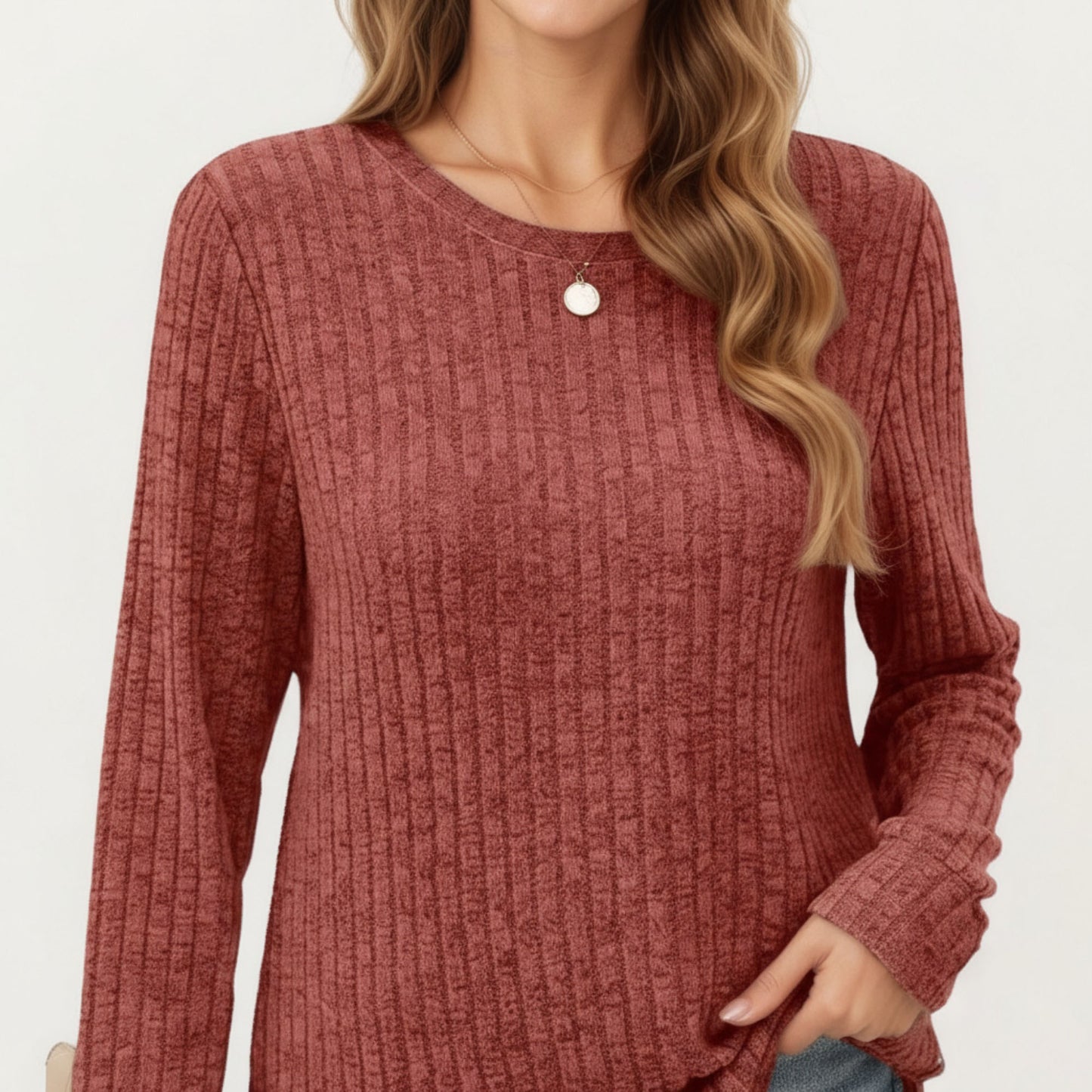 Long Sleeve Ribbed Knit Top with Rounded Hem and Relaxed Fit
