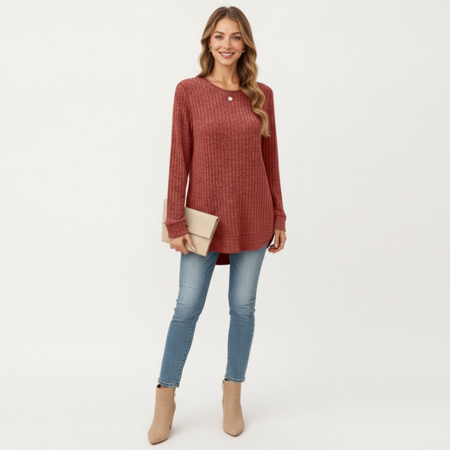 Long Sleeve Ribbed Knit Top with Rounded Hem and Relaxed Fit