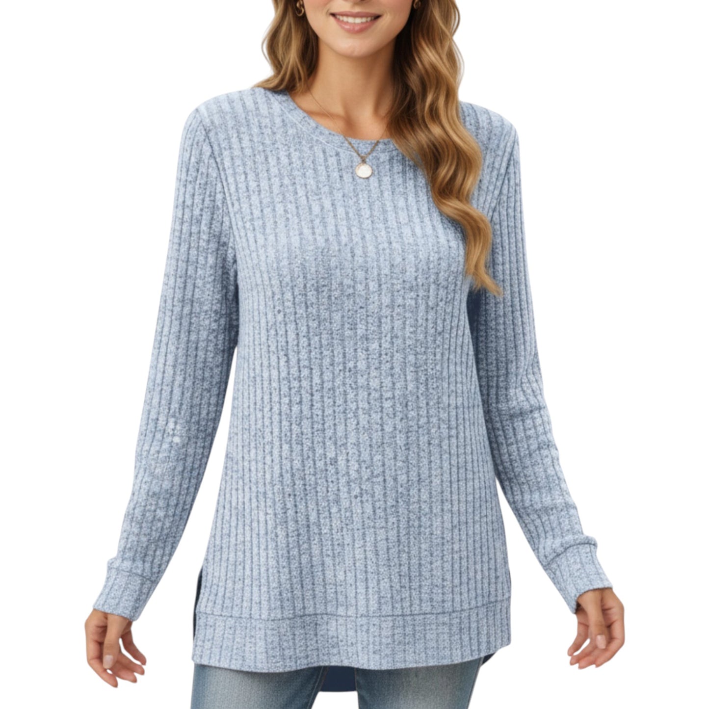 Long Sleeve Ribbed Knit Top with Rounded Hem and Relaxed Fit