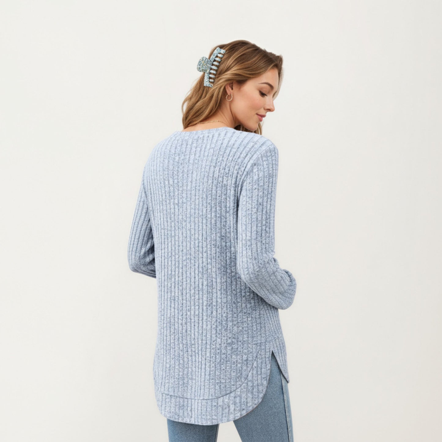 Long Sleeve Ribbed Knit Top with Rounded Hem and Relaxed Fit