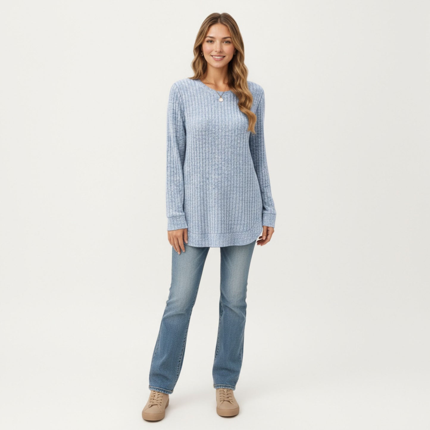 Long Sleeve Ribbed Knit Top with Rounded Hem and Relaxed Fit