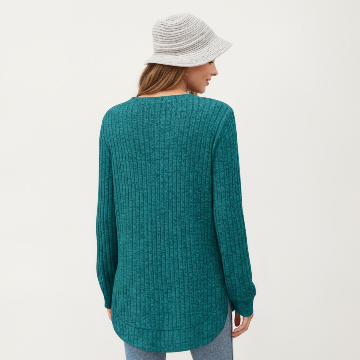 Long Sleeve Ribbed Knit Top with Rounded Hem and Relaxed Fit