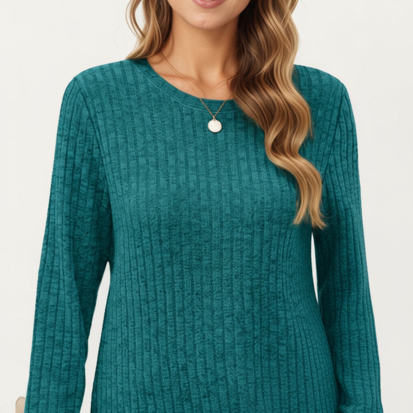 Long Sleeve Ribbed Knit Top with Rounded Hem and Relaxed Fit