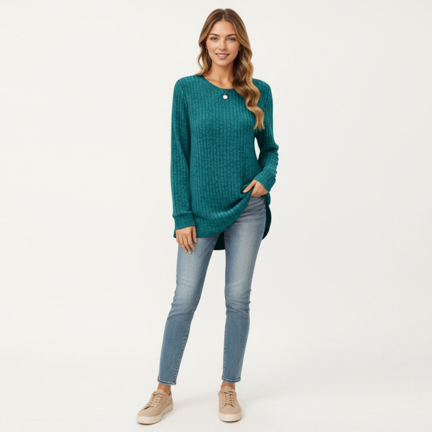 Long Sleeve Ribbed Knit Top with Rounded Hem and Relaxed Fit