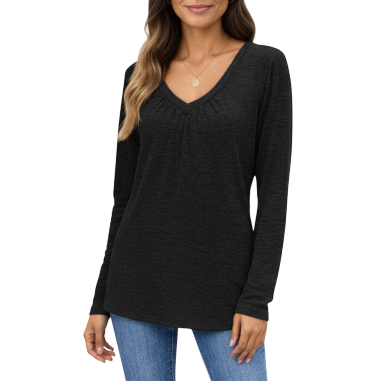 Long Sleeve V-Neck Top with Subtle Front Pleat and Relaxed Fit