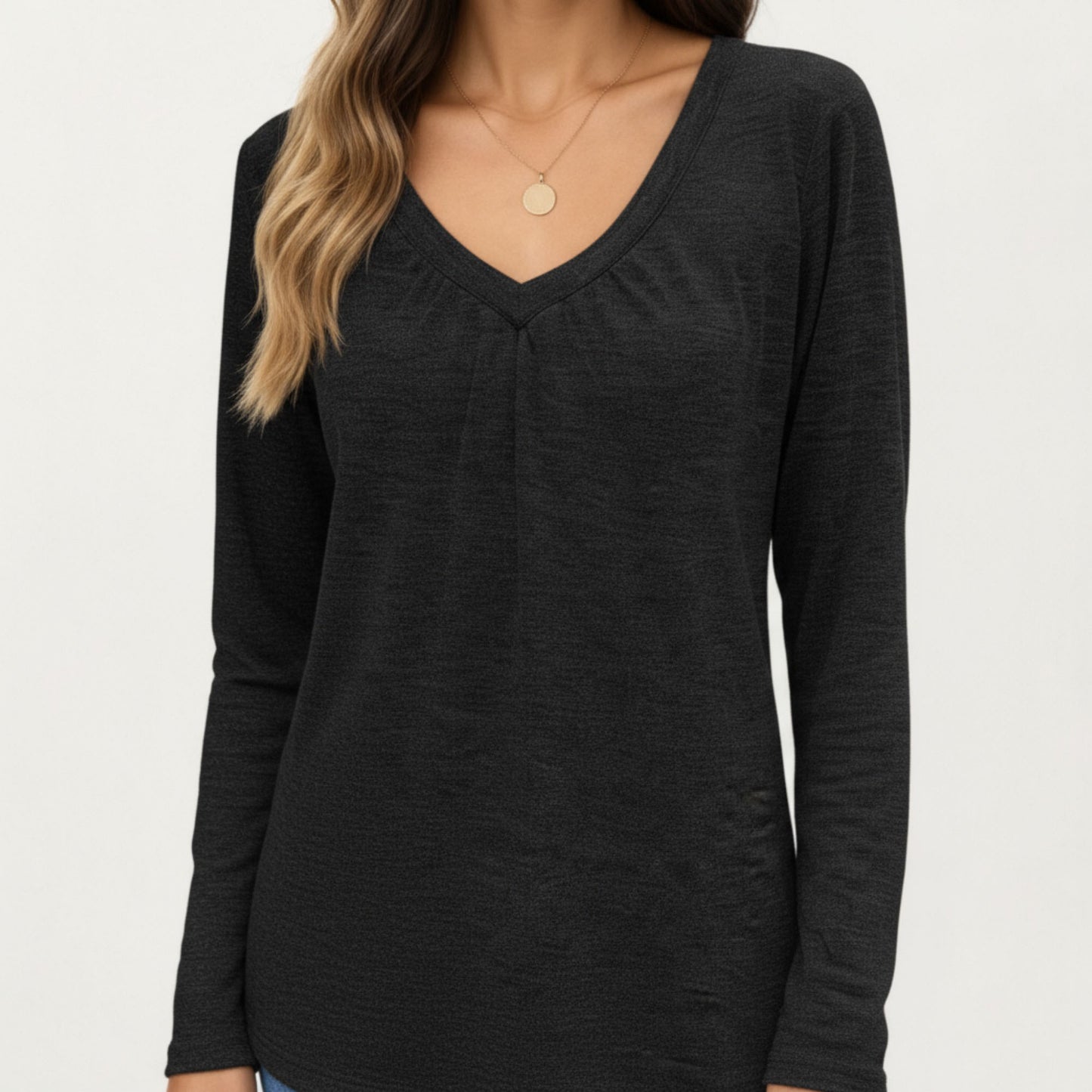 Long Sleeve V-Neck Top with Subtle Front Pleat and Relaxed Fit