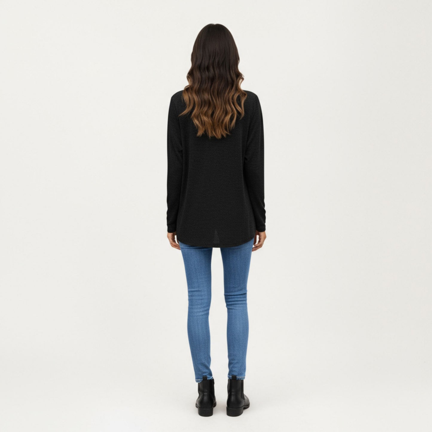 Long Sleeve V-Neck Top with Subtle Front Pleat and Relaxed Fit