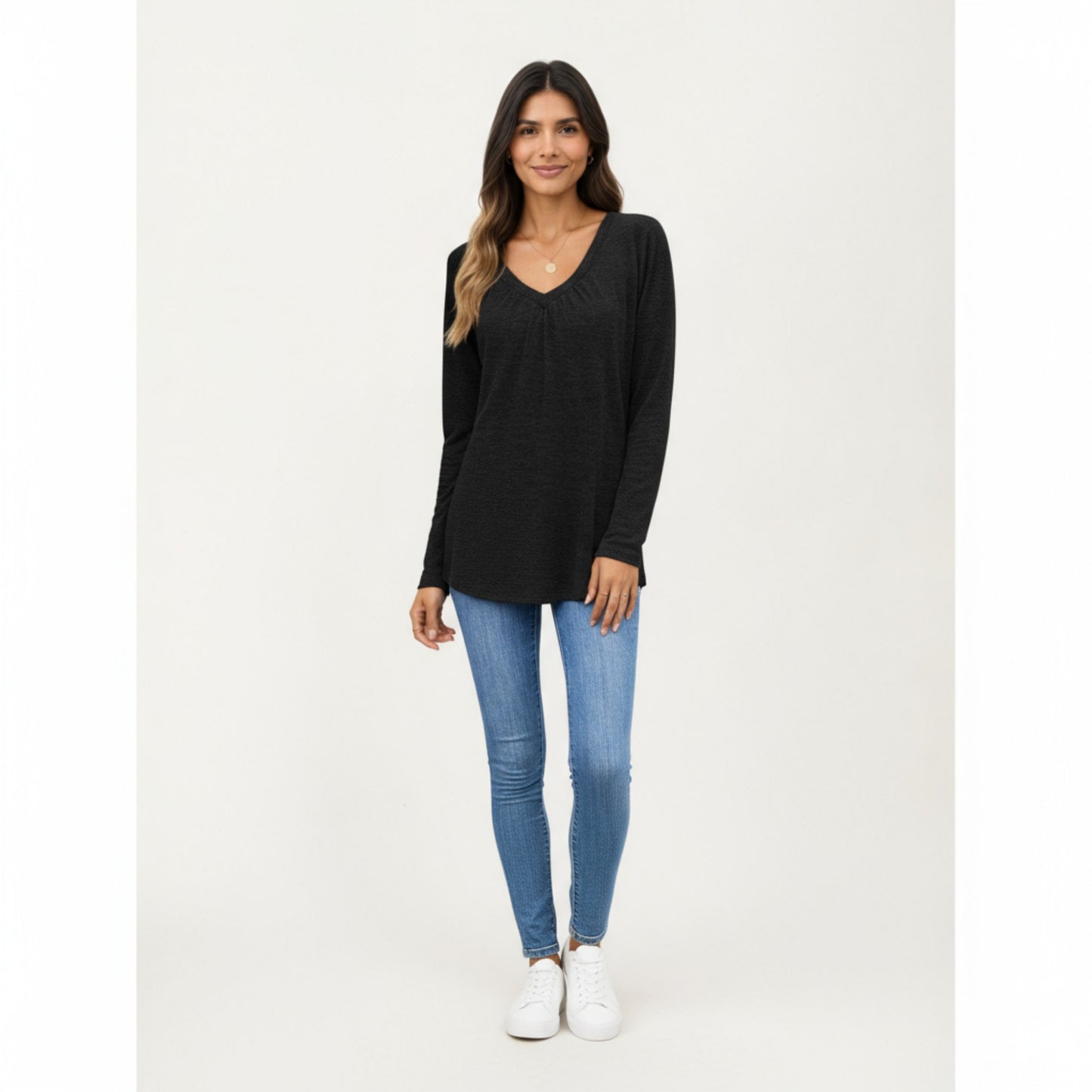 Long Sleeve V-Neck Top with Subtle Front Pleat and Relaxed Fit