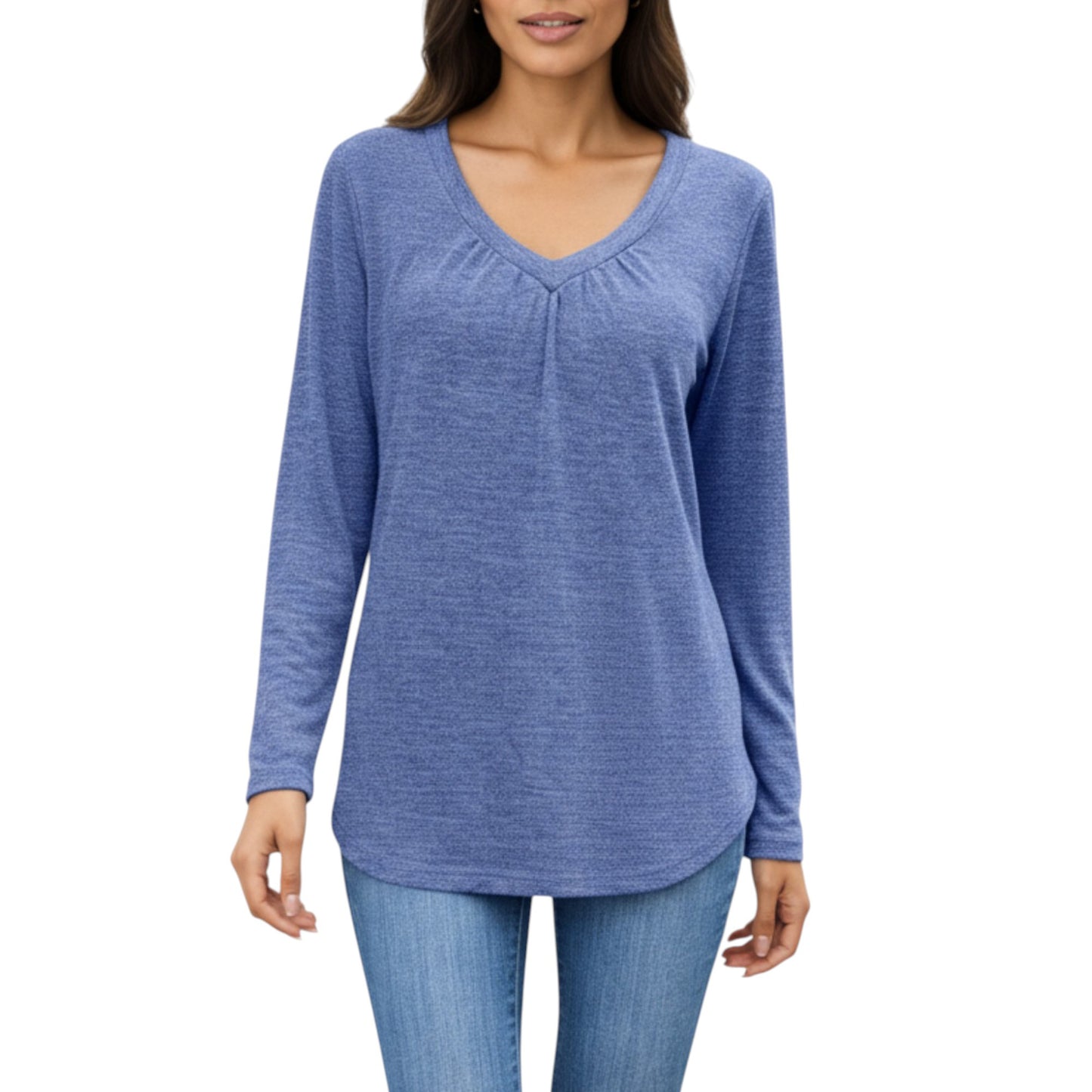 Long Sleeve V-Neck Top with Subtle Front Pleat and Relaxed Fit