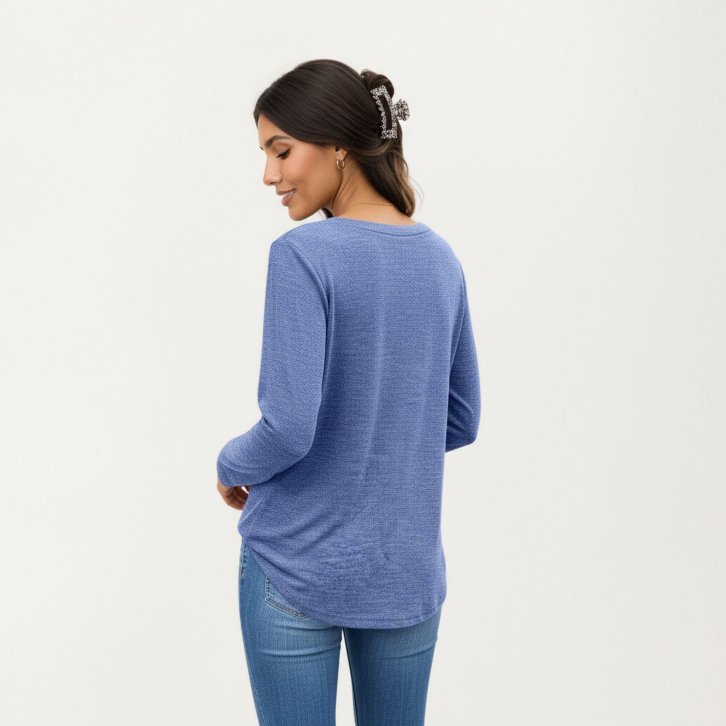 Long Sleeve V-Neck Top with Subtle Front Pleat and Relaxed Fit