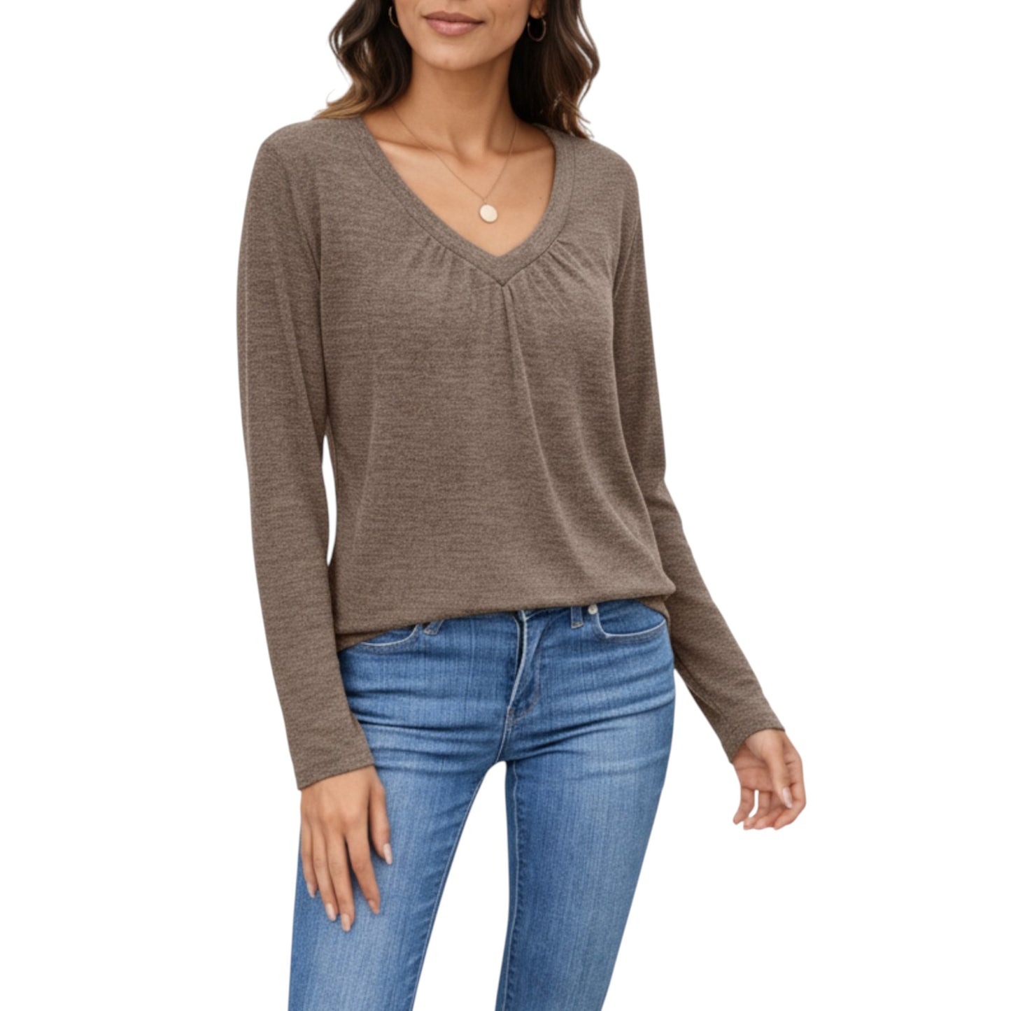 Long Sleeve V-Neck Top with Subtle Front Pleat and Relaxed Fit