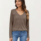 Long Sleeve V-Neck Top with Subtle Front Pleat and Relaxed Fit