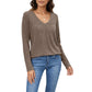 Long Sleeve V-Neck Top with Subtle Front Pleat and Relaxed Fit