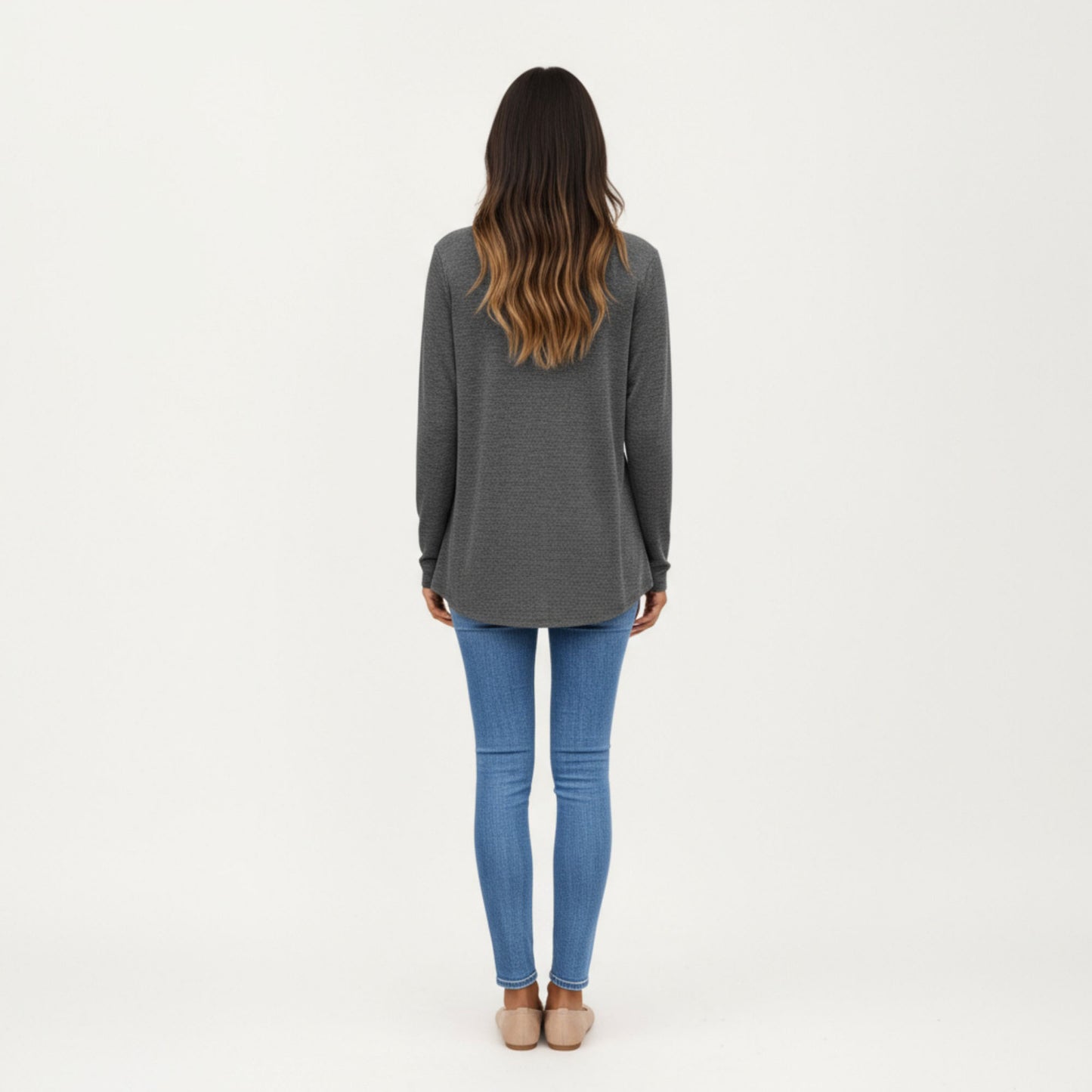 Long Sleeve V-Neck Top with Subtle Front Pleat and Relaxed Fit