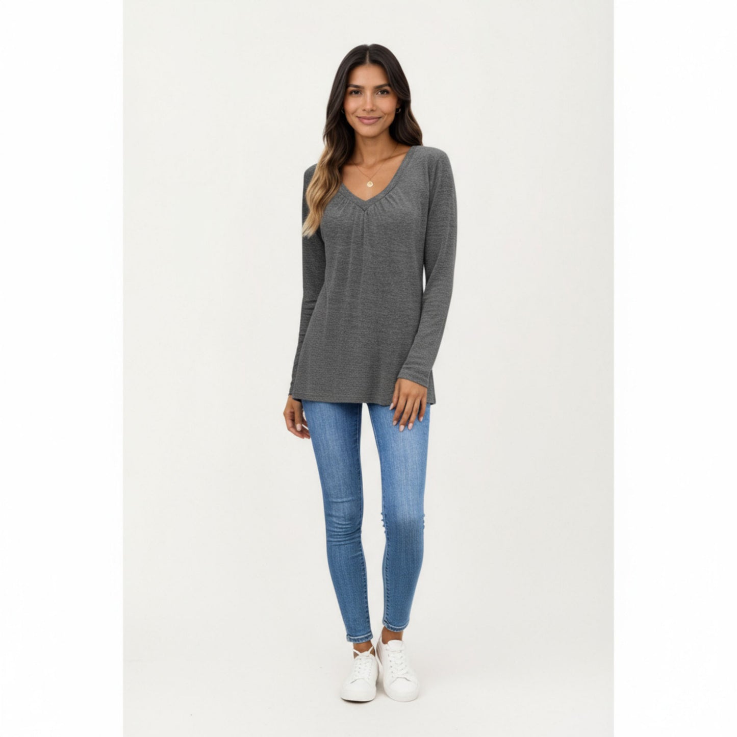 Long Sleeve V-Neck Top with Subtle Front Pleat and Relaxed Fit