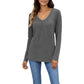 Long Sleeve V-Neck Top with Subtle Front Pleat and Relaxed Fit