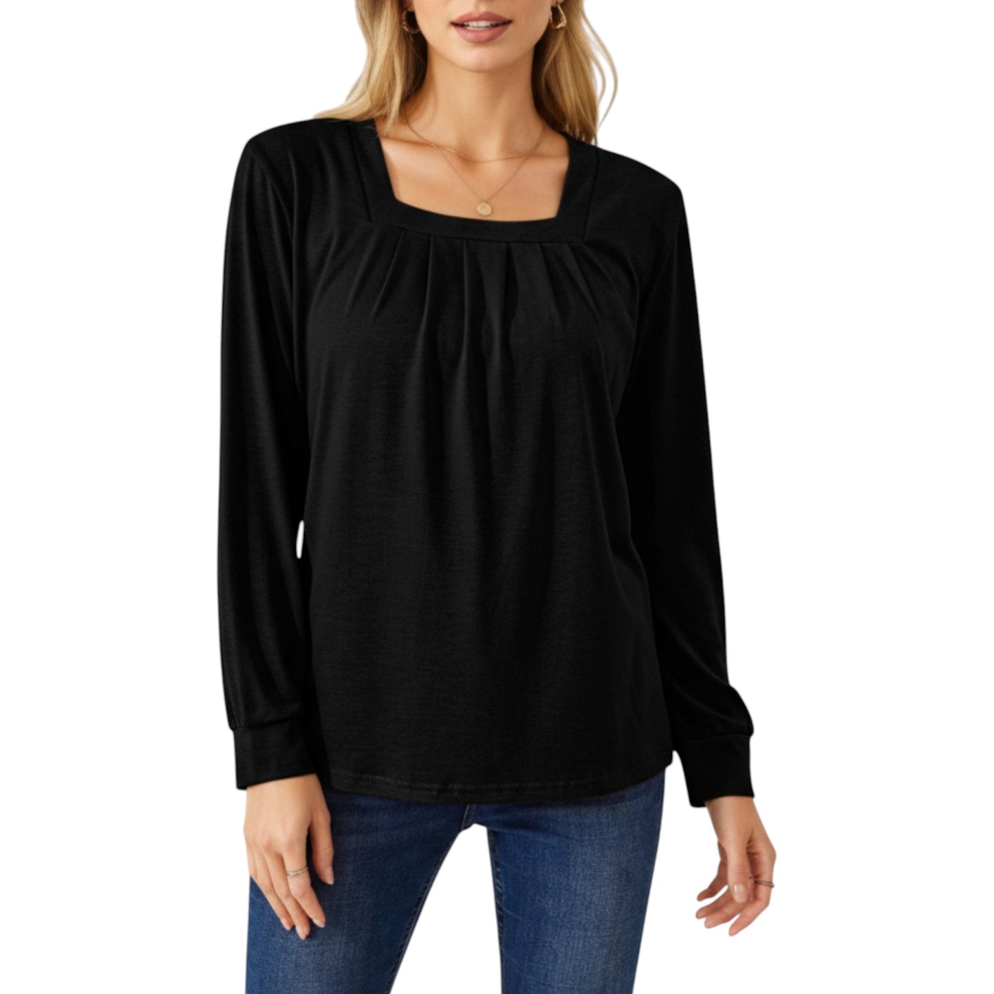 Long Sleeve Square Neck Top with Front Pleat Detailing and Relaxed Fit