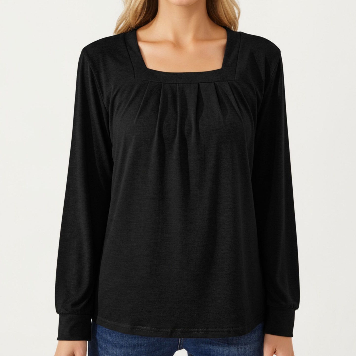 Long Sleeve Square Neck Top with Front Pleat Detailing and Relaxed Fit