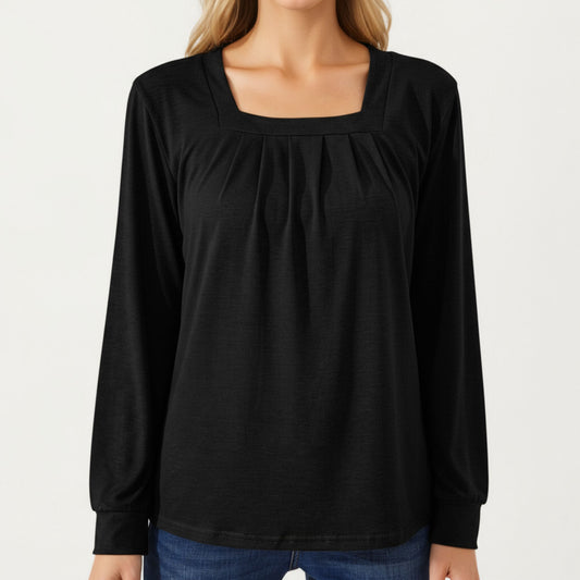 Long Sleeve Square Neck Top with Front Pleat Detailing and Relaxed Fit