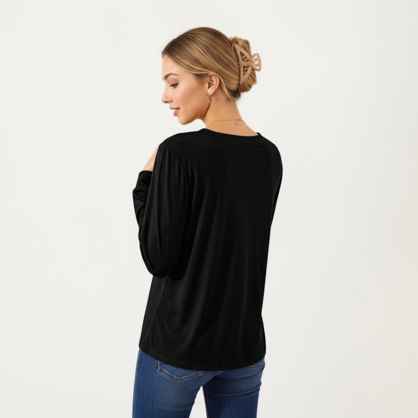 Long Sleeve Square Neck Top with Front Pleat Detailing and Relaxed Fit