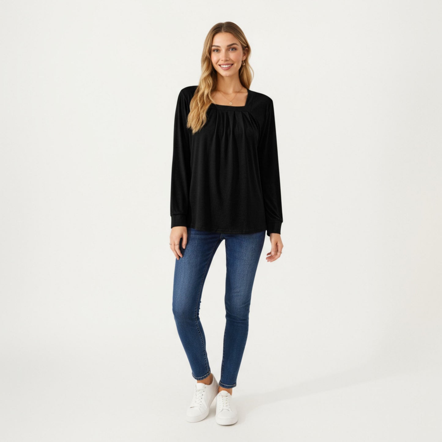 Long Sleeve Square Neck Top with Front Pleat Detailing and Relaxed Fit