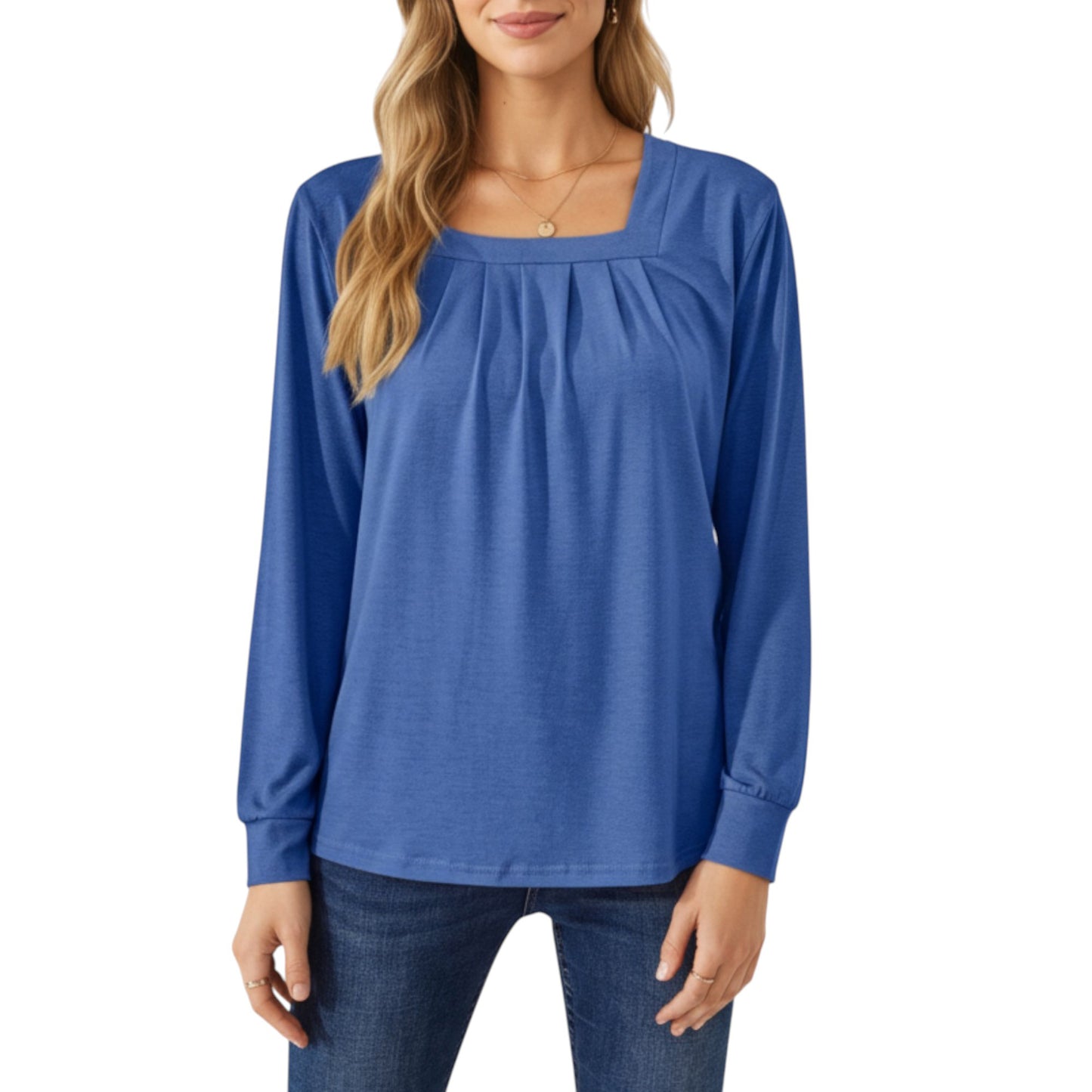 Long Sleeve Square Neck Top with Front Pleat Detailing and Relaxed Fit