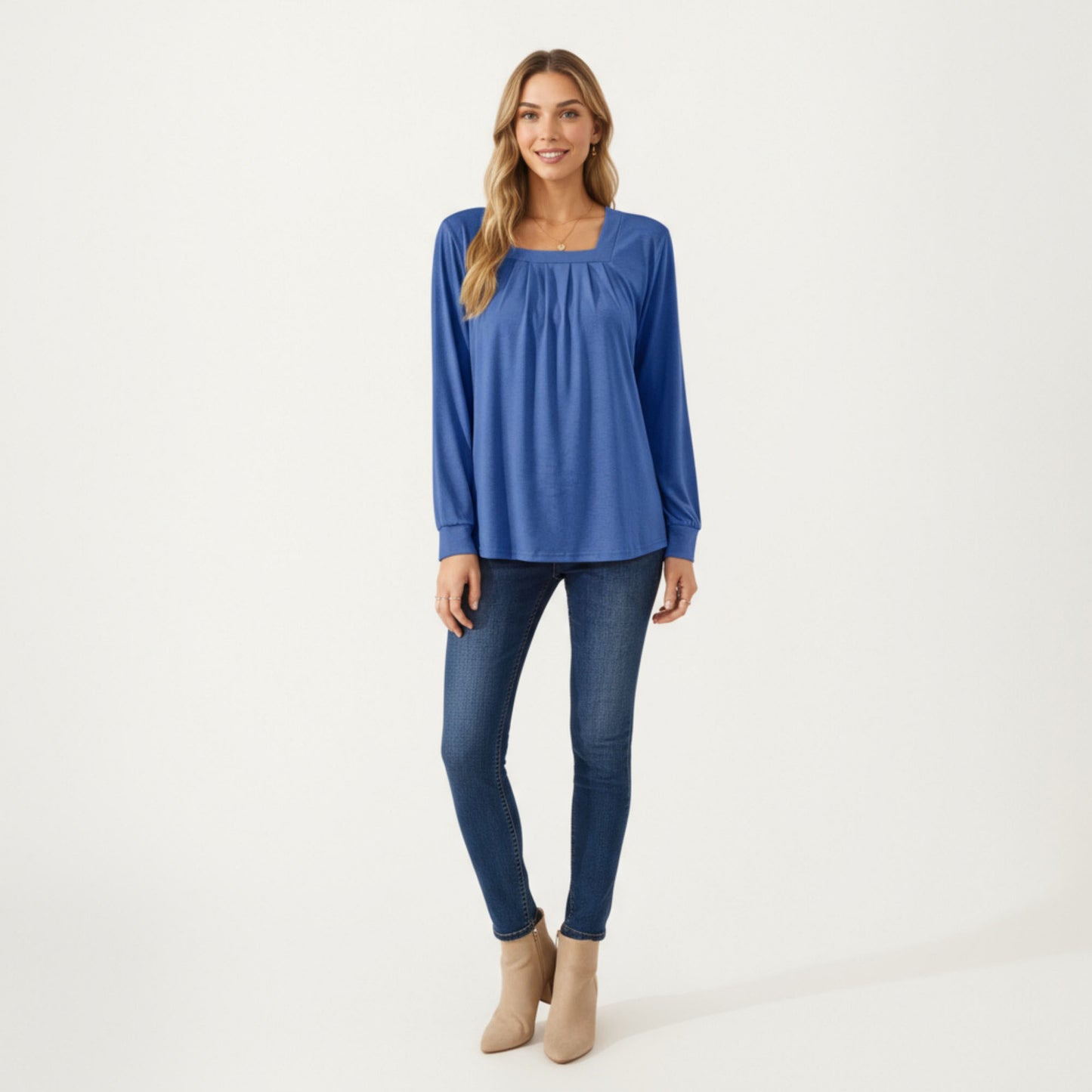 Long Sleeve Square Neck Top with Front Pleat Detailing and Relaxed Fit