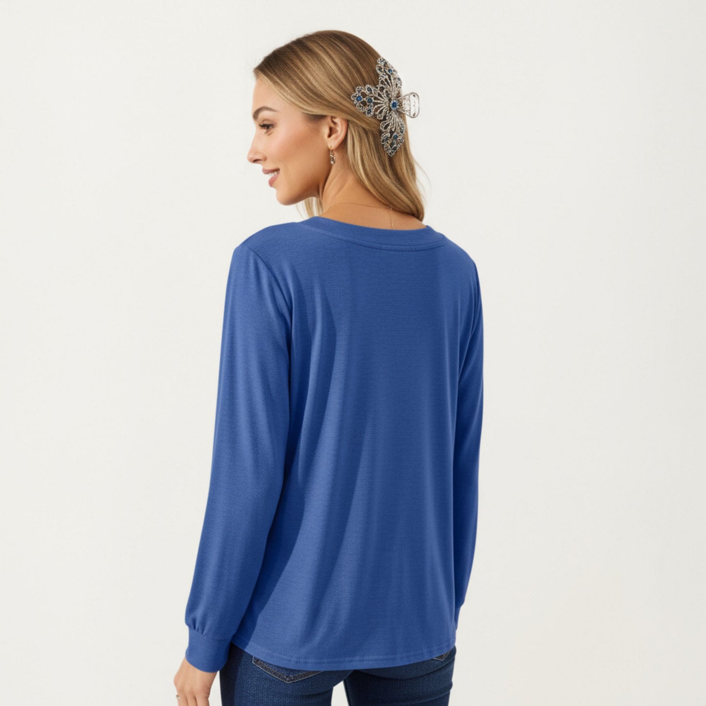 Long Sleeve Square Neck Top with Front Pleat Detailing and Relaxed Fit