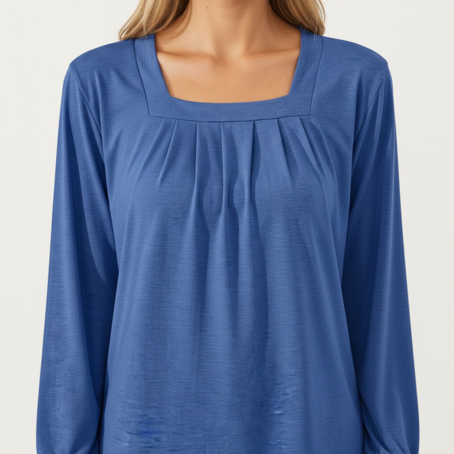 Long Sleeve Square Neck Top with Front Pleat Detailing and Relaxed Fit