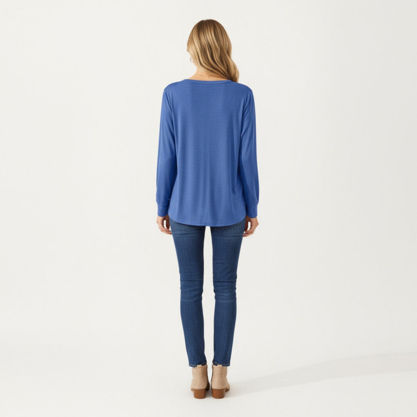 Long Sleeve Square Neck Top with Front Pleat Detailing and Relaxed Fit