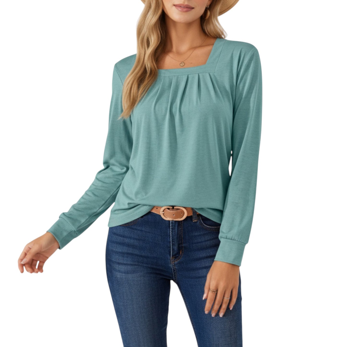 Long Sleeve Square Neck Top with Front Pleat Detailing and Relaxed Fit