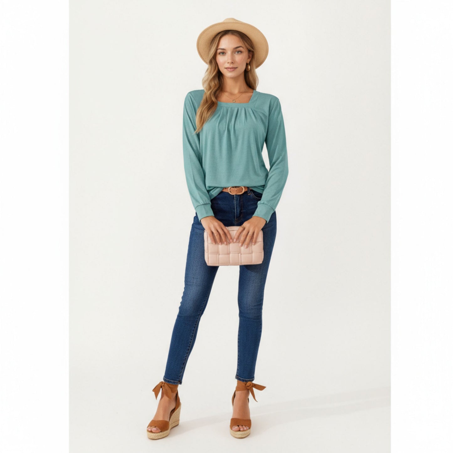 Long Sleeve Square Neck Top with Front Pleat Detailing and Relaxed Fit