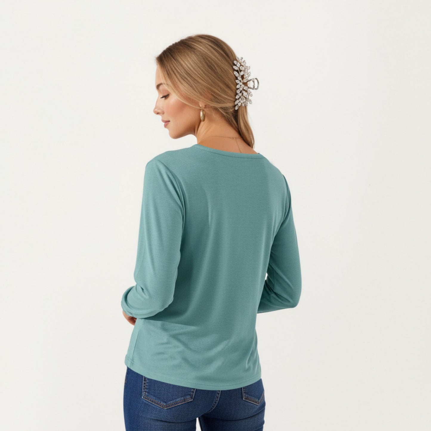 Long Sleeve Square Neck Top with Front Pleat Detailing and Relaxed Fit