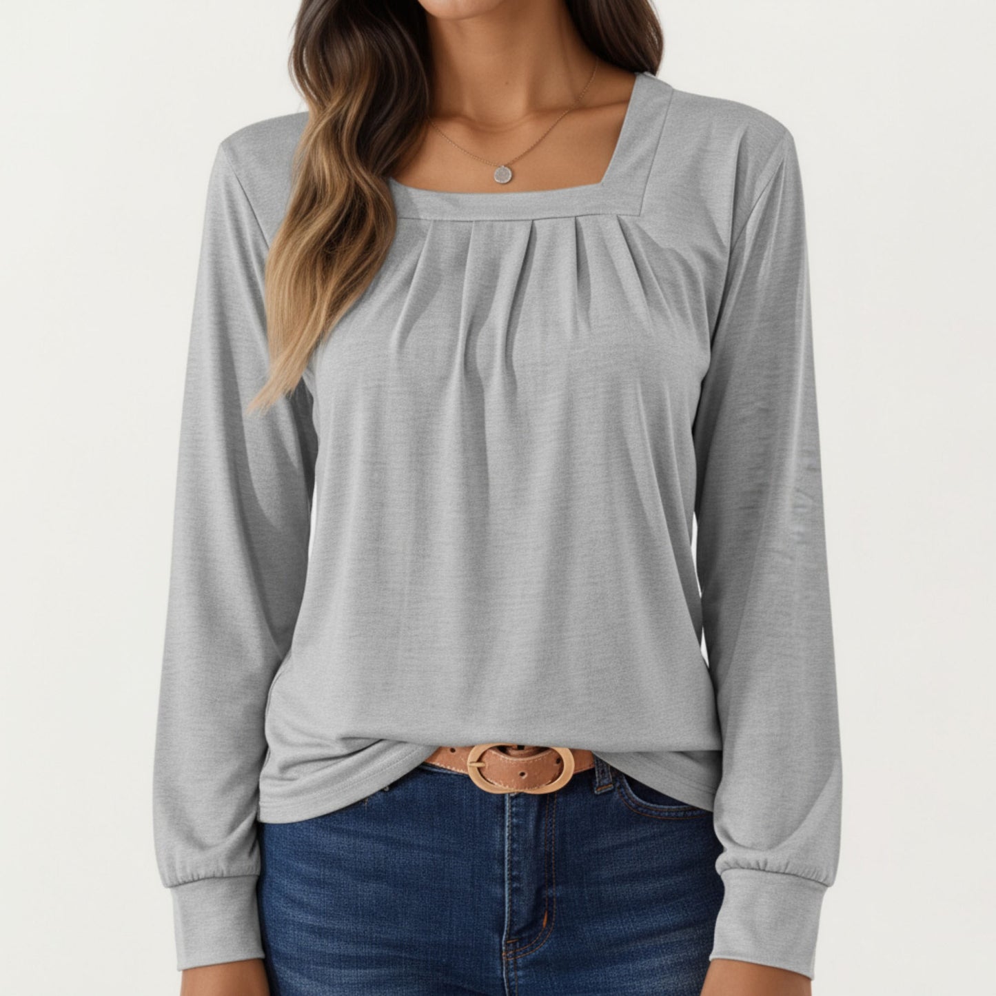 Long Sleeve Square Neck Top with Front Pleat Detailing and Relaxed Fit