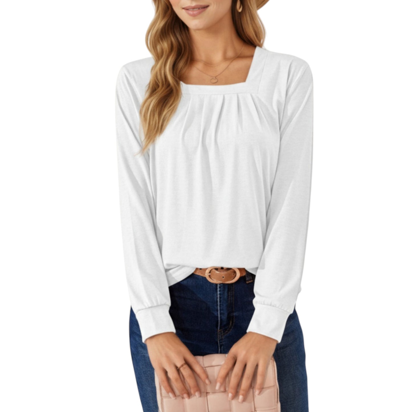 Long Sleeve Square Neck Top with Front Pleat Detailing and Relaxed Fit