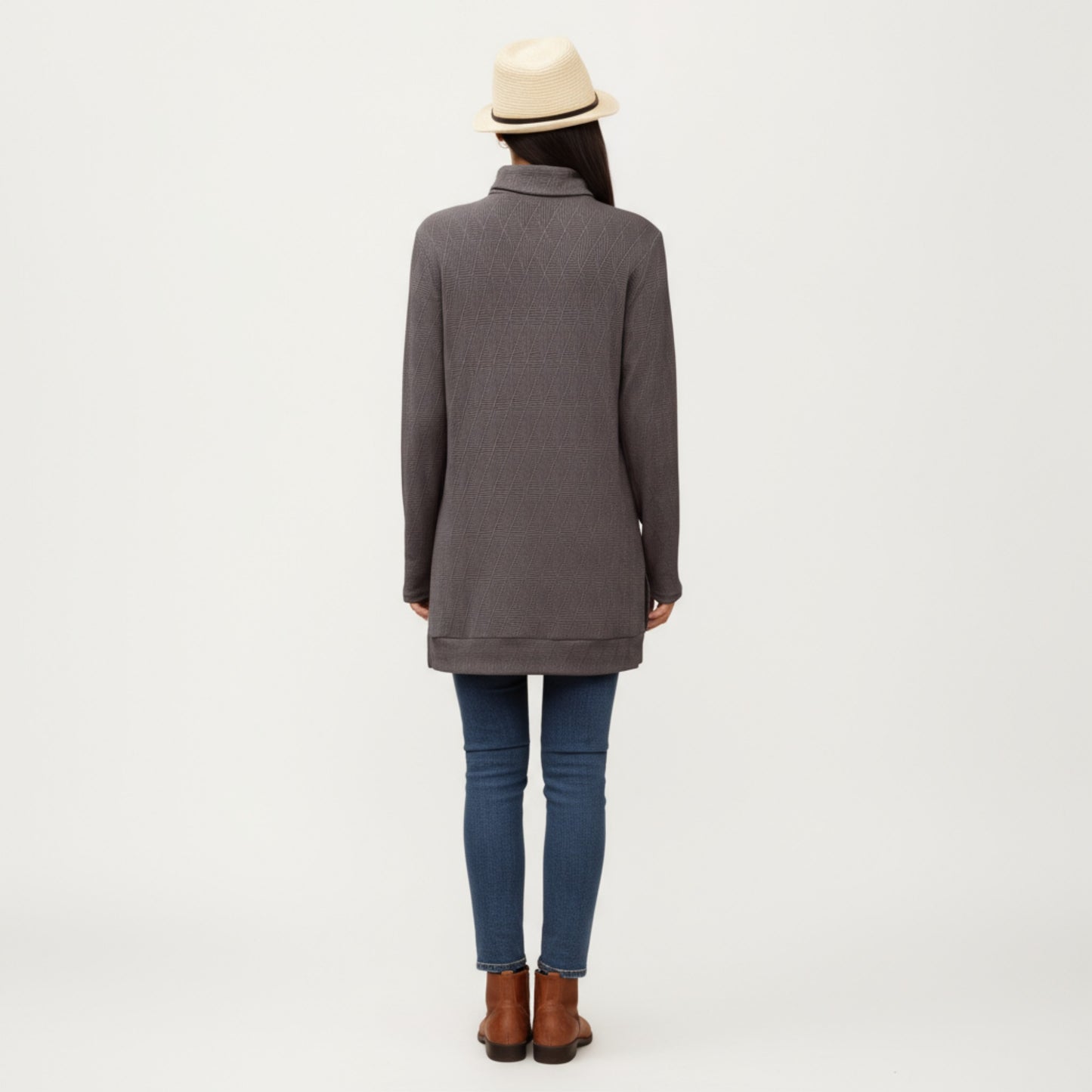 Long Sleeve Collared Knit Top with Subtle Textured Pattern and Relaxed Fit