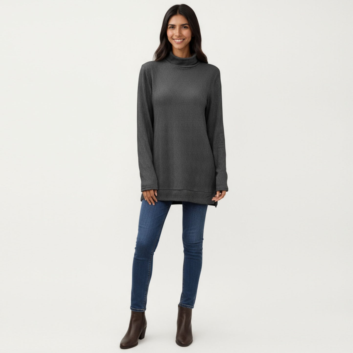 Long Sleeve Collared Knit Top with Subtle Textured Pattern and Relaxed Fit