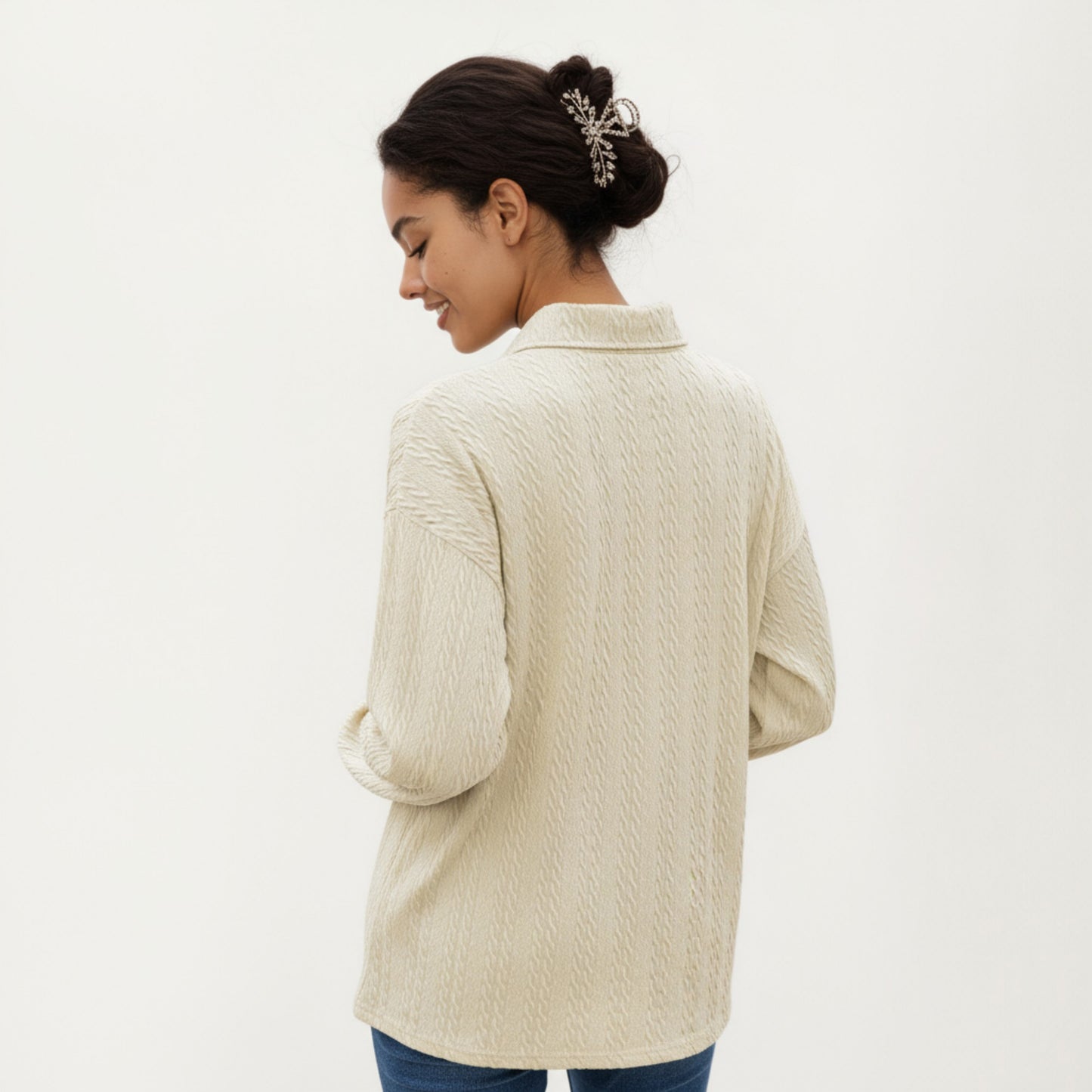 Long Sleeve Collared Knit Top with Subtle Textured Pattern and Relaxed Fit