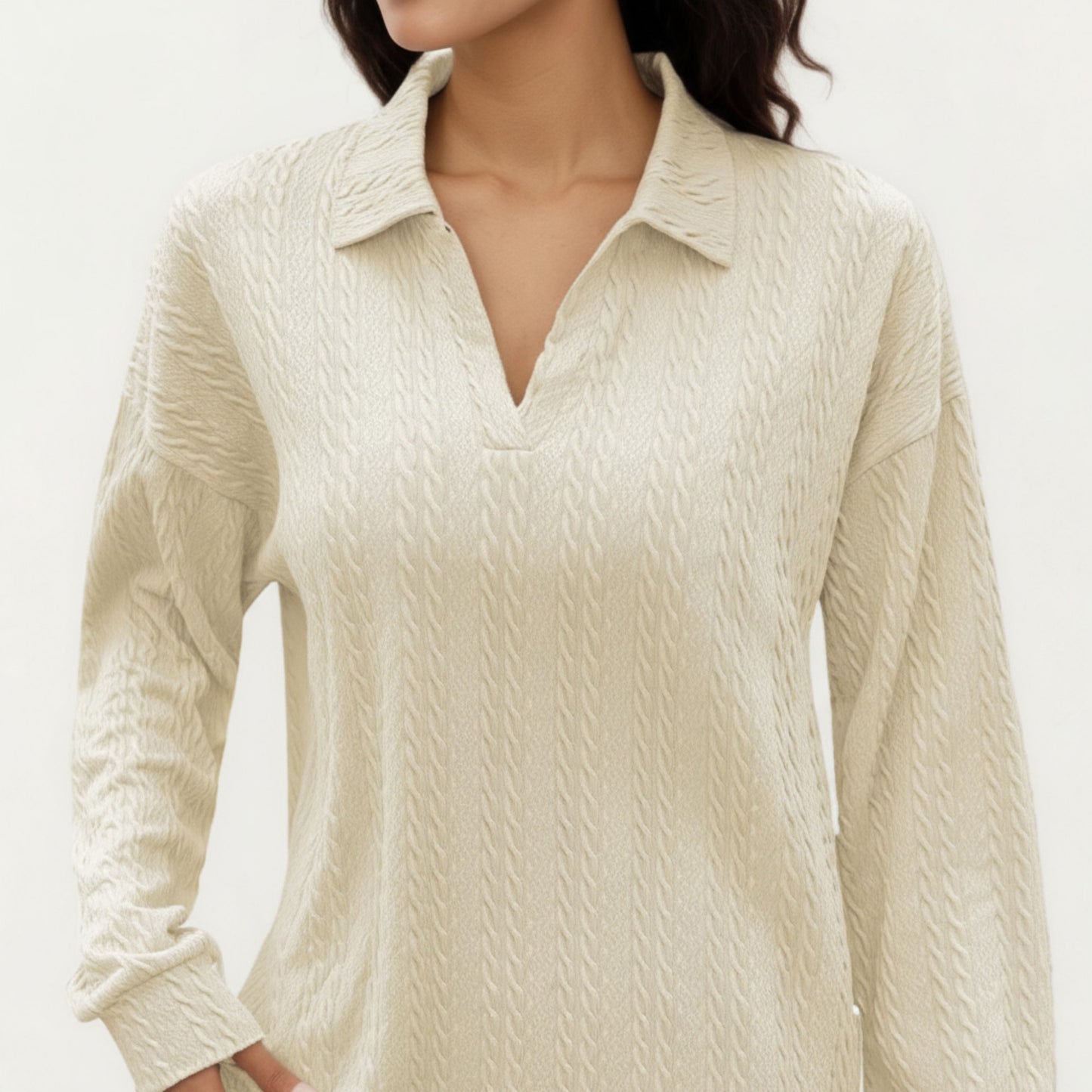 Long Sleeve Collared Knit Top with Subtle Textured Pattern and Relaxed Fit