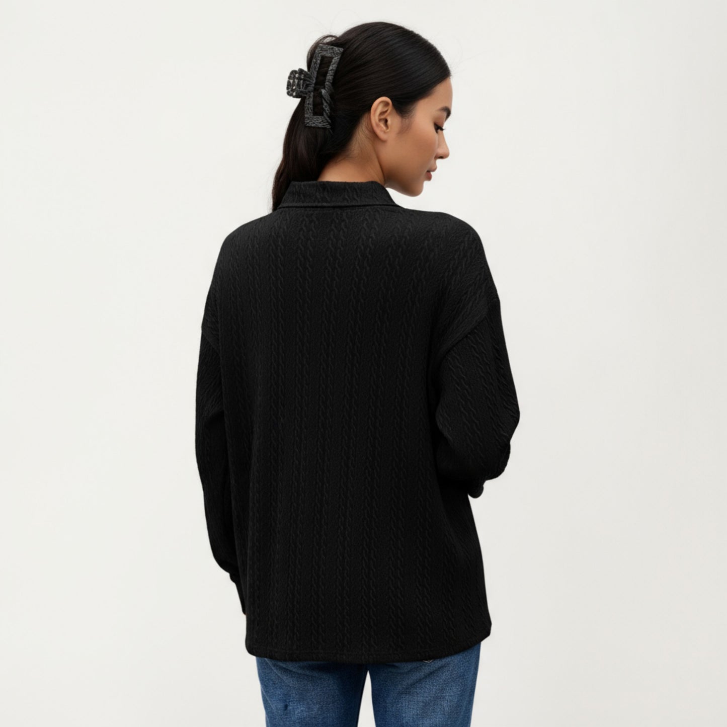 Long Sleeve Collared Knit Top with Subtle Textured Pattern and Relaxed Fit