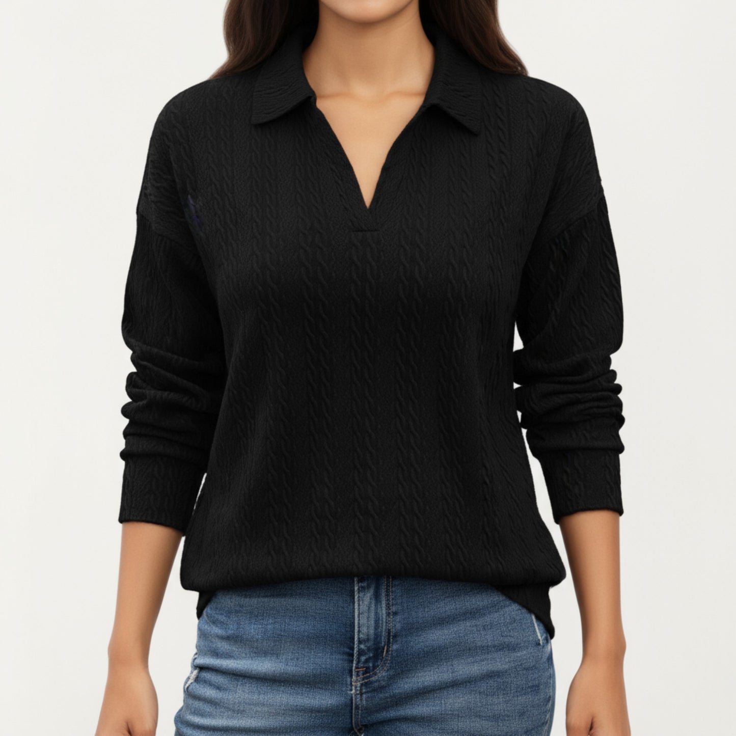 Long Sleeve Collared Knit Top with Subtle Textured Pattern and Relaxed Fit