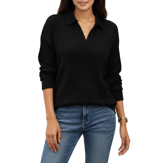 Long Sleeve Collared Knit Top with Subtle Textured Pattern and Relaxed Fit