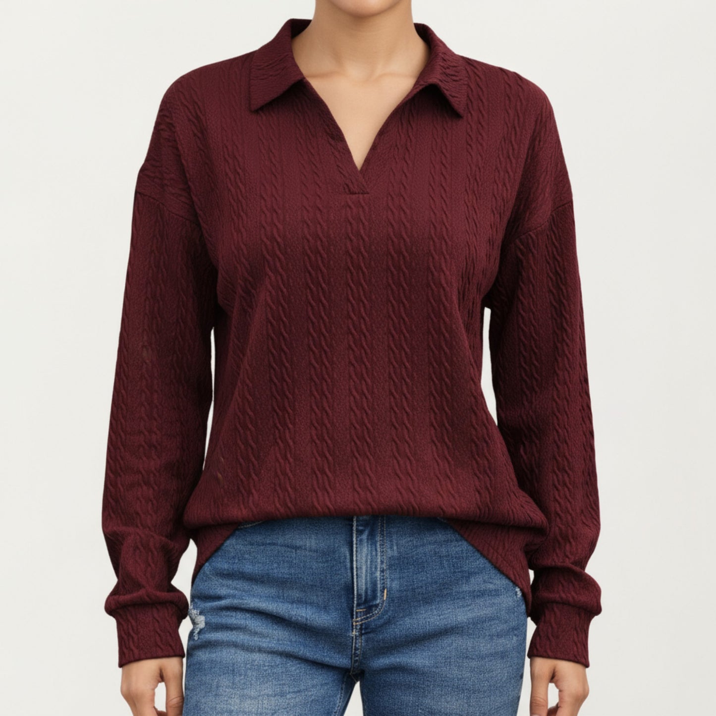 Long Sleeve Collared Knit Top with Subtle Textured Pattern and Relaxed Fit